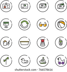 line vector icon set - identity vector, credit card, tap pay, refresh, sunglasses, ball, bucket scoop, basin, pyramid toy, phone, windmill, duck, boat