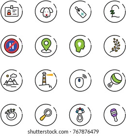 line vector icon set - identity vector, dog, medical label, pound, no parking even road sign, map pin, head bulb, golden branch, mountains, lighthouse, mouse wireless, beanbag