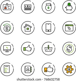 line vector icon set - identity vector, dollar, money bag, piggy bank, back, home, phone, cursor browser, monitor, like, basket, document, contact book, finger up, managemet