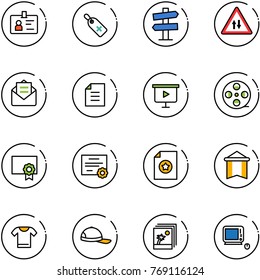 line vector icon set - identity vector, medical label, road signpost sign, oncoming traffic, opened mail, document, presentation board, film coil, certificate, pennant, t shirt, cap, photo