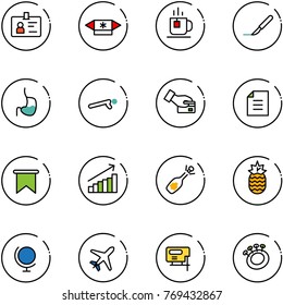 line vector icon set - identity vector, candy, tea, scalpel, stomach, push ups, card pay, document, flag, growth, fizz opening, pineapple, globe, plane, jig saw, beanbag