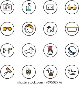 line vector icon set - identity vector, liquid soap, tap pay, sunglasses, ball, bucket scoop, basin, drill machine, duck toy, pyramid, hammer, phone