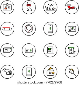 line vector icon set - identity vector, christmas sock, landscape, sleigh, wreath, mobile payment, credit card, tap pay, atm, finance management, toy unicorn stick