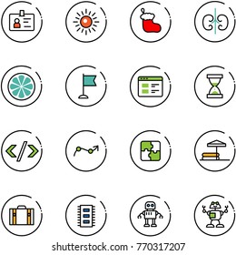 line vector icon set - identity vector, sun, christmas sock, kidneys, lemon slice, flag, website, sand clock, tag code, chart point arrow, puzzle, inflatable pool, suitcase, chip, robot
