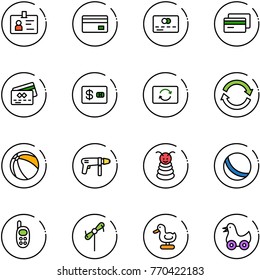 line vector icon set - identity vector, credit card, exchange, refresh, ball, drill machine, pyramid toy, phone, windmill, duck
