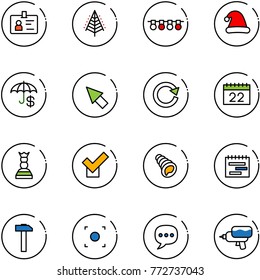 line vector icon set - identity vector, christmas tree, garland, hat, insurance, cursor, reload, calendar, chess queen, check, shell, terms plan, hammer, record button, chat, water gun