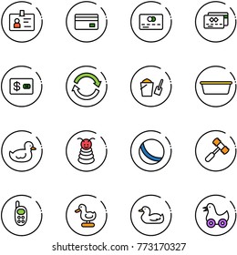 line vector icon set - identity vector, credit card, refresh, bucket scoop, basin, duck toy, pyramid, ball, hammer, phone