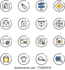 line vector icon set - identity vector, medical label, road signpost sign, main, opened mail, document, presentation board, film coil, certificate, envelope, pennant, t shirt, cap, monoblock pc