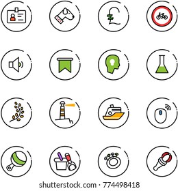 line vector icon set - identity vector, dog, pound, no bike road sign, low volume, flag, head bulb, flask, golden branch, lighthouse, cruiser, mouse wireless, beanbag, shovel bucket