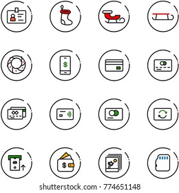 line vector icon set - identity vector, christmas sock, sleigh, wreath, mobile payment, credit card, tap pay, exchange, atm, finance management, photo, micro flash