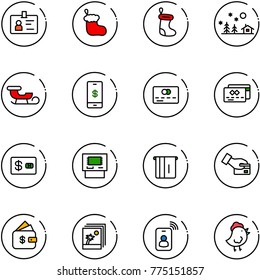 line vector icon set - identity vector, christmas sock, landscape, sleigh, mobile payment, credit card, atm, pay, finance management, photo, chicken toy