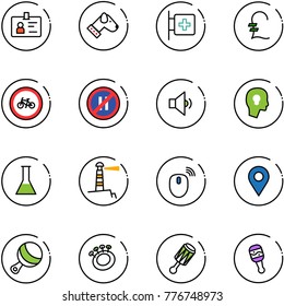 line vector icon set - identity vector, dog, first aid room, pound, no bike road sign, parking even, low volume, head bulb, flask, lighthouse, mouse wireless, navigation pin, beanbag
