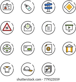 line vector icon set - identity vector, medical label, road signpost sign, main, oncoming traffic, opened mail, document, presentation board, film coil, envelope, certificate, pennant, t shirt, cap