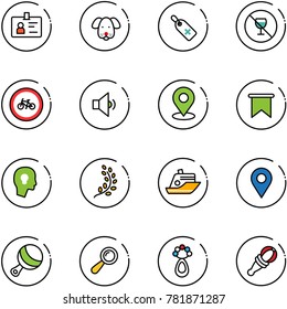 line vector icon set - identity vector, dog, medical label, no alcohol sign, bike road, low volume, map pin, flag, head bulb, golden branch, cruiser, navigation, beanbag