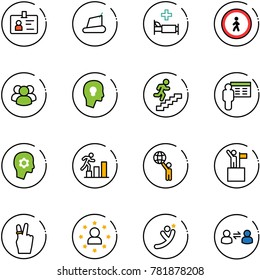 line vector icon set - identity vector, treadmill, hospital bed, no pedestrian road sign, group, head bulb, career, presentation, brain work, world, win, victory, star man, flying