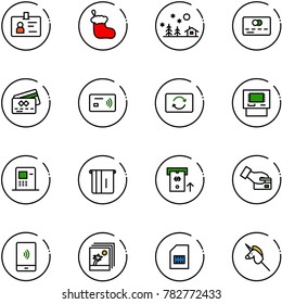 line vector icon set - identity vector, christmas sock, landscape, credit card, tap pay, exchange, atm, mobile payment, photo, sim, toy unicorn stick