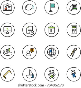 line vector icon set - identity vector, lemon, flag, coin, monitor cursor, history, trash bin, calculator, growth, money dialog, globe, plumber, staple, sailboat toy, bear, doll