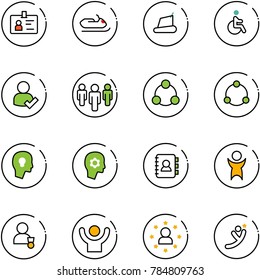 line vector icon set - identity vector, snowmobile, treadmill, disabled, user check, group, social, community, head bulb, brain work, contact book, success, winner, star man, flying