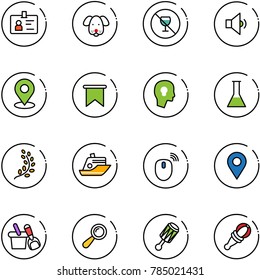 line vector icon set - identity vector, dog, no alcohol sign, low volume, map pin, flag, head bulb, flask, golden branch, cruiser, mouse wireless, navigation, shovel bucket, beanbag