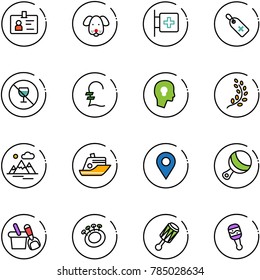 line vector icon set - identity vector, dog, first aid room, medical label, no alcohol sign, pound, head bulb, golden branch, mountains, cruiser, navigation pin, beanbag, shovel bucket