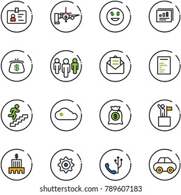 line vector icon set - identity vector, boarding passengers, dollar smile, statistics report, purse, group, opened mail, document, career, cloud, money bag, win, bank building, gear, phone, car