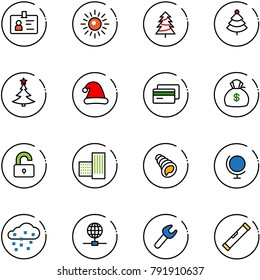 line vector icon set - identity vector, sun, christmas tree, hat, credit card, money bag, unlocked, building, shell, globe, snow, wrench, level
