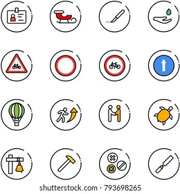 line vector icon set - identity vector, sleigh, scalpel, drop hand, road for moto sign, prohibition, no bike, only forward, air balloon, career, agreement, sea turtle, ship bell, hammer, rivet, rasp