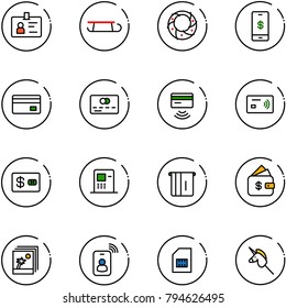 line vector icon set - identity vector, sleigh, christmas wreath, mobile payment, credit card, tap pay, atm, finance management, photo, sim, toy unicorn stick