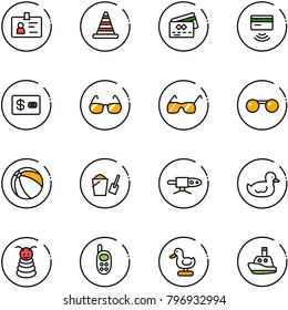 line vector icon set - identity vector, road cone, credit card, tap pay, sunglasses, ball, bucket scoop, pipe welding, duck toy, pyramid, phone, boat