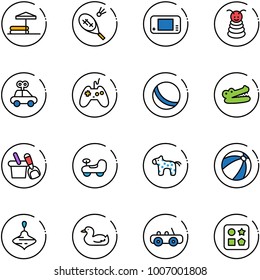 line vector icon set - inflatable pool vector, badminton, game console, pyramid toy, car, joystick, ball, crocodile, shovel bucket, baby, horse, beach, wirligig, duck, cube hole