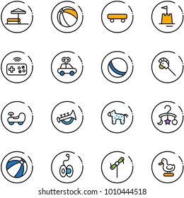 line vector icon set - inflatable pool vector, ball, skateboard, sand castle, joystick wireless, car toy, horse stick, baby, horn, carousel, beach, yoyo, windmill, duck