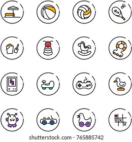 line vector icon set - inflatable pool vector, ball, volleyball, badminton, bucket scoop, pyramid toy, rocking horse, teethers, game console, baby car, gamepad, duck, monster, Tic tac toe