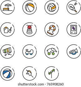 line vector icon set - inflatable pool vector, ball, volleyball, badminton, bucket scoop, pyramid toy, teethers, game console, xylophone, baby car, elephant wheel, horn, beach, unicorn stick