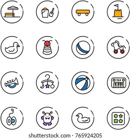 line vector icon set - inflatable pool vector, bucket scoop, skateboard, sand castle, duck toy, pyramid, ball, wheel horse, horn, baby carousel, beach, piano, yoyo, monster, cube hole