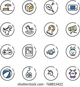 line vector icon set - inflatable pool vector, volleyball, badminton, game console, dinosaur toy, rocking horse, teethers, xylophone, gamepad, horn, rabbit, beach ball, yoyo, unicorn stick, monster