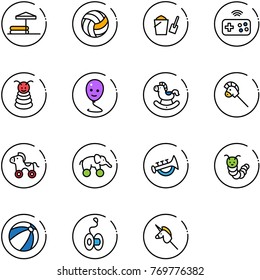 line vector icon set - inflatable pool vector, volleyball, bucket scoop, joystick wireless, pyramid toy, balloon smile, rocking horse, stick, wheel, elephant, horn, caterpillar, beach ball, yoyo