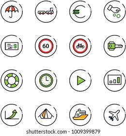 line vector icon set - insurance vector, baggage truck, euro, investment, check, speed limit 60 road sign, no bike, key, lifebuoy, time, play, statistics, growth arrow, tent, cruiser, plane