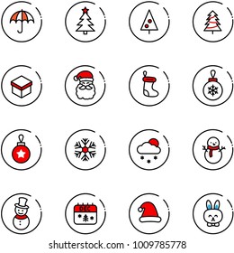 line vector icon set - insurance vector, christmas tree, gift, santa claus, sock, ball, snowflake, snowfall, snowman, calendar, hat, toy rabbit