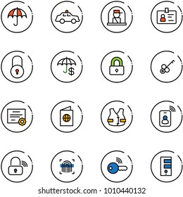 line vector icon set - insurance vector, safety car, officer window, identity, lock, locked, key, certificate, passport, life vest, card, wireless, fingerprint scanner, server