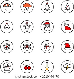 line vector icon set - insurance vector, storm, christmas tree, santa claus, sock, snowflake, snowman, hat, snowball house, rowanberry, thermometer