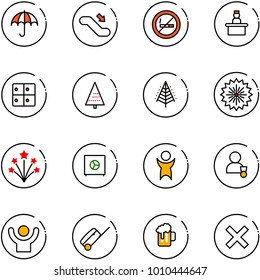 line vector icon set - insurance vector, escalator down, no smoking sign, recieptionist, baggage room, christmas tree, firework, safe, success, winner, suitcase, beer, delete
