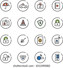 line vector icon set - insurance vector, safety car, terrorism, passport, identity, road cone, safe, locked, unlocked, key, certificate, card, wireless lock, surveillance camera, server
