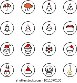 line vector icon set - insurance vector, storm, christmas tree, gift, santa claus, snowflake, snowfall, snowman, hat, snowball house, thermometer