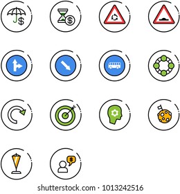 line vector icon set - insurance vector, account history, round motion road sign, artificial unevenness, only forward right, detour, bus, friends, redo, target, brain work, moon flag, pennant