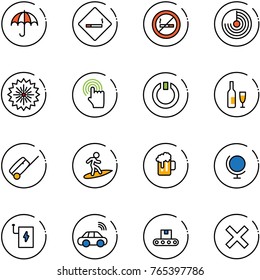 line vector icon set - insurance vector, smoking area sign, no, radar, firework, hand cursor, standby, wine, suitcase, surfing, beer, globe, power bank, car wireless, conveyor, delete