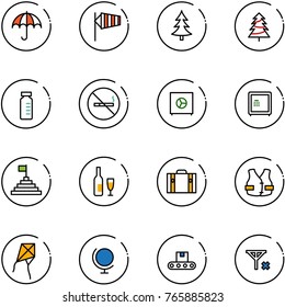 line vector icon set - insurance vector, side wind, christmas tree, vial, no smoking sign, safe, pyramid flag, wine, suitcase, life vest, kite, globe, conveyor, signal