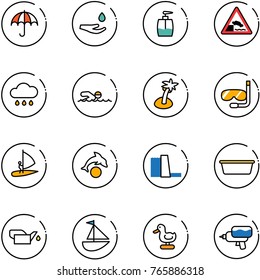 line vector icon set - insurance vector, drop hand, liquid soap, embankment road sign, rain cloud, swimming, palm, diving, windsurfing, dolphin, water power plant, basin, oiler, sailboat toy, duck