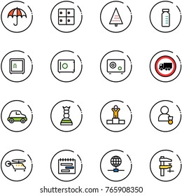 line vector icon set - insurance vector, baggage room, christmas tree, vial, safe, no truck road sign, car, chess queen, winner, helicopter, terms plan, globe, clamp