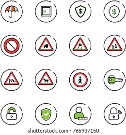 line vector icon set - insurance vector, safe, prohibition road sign, tractor way, slippery, children, side wind, cow, no pedestrian, key, unlocked, shield check, user password, wireless lock
