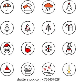line vector icon set - insurance vector, clouds, storm, christmas tree, gift, santa claus, glove, snowflake, snowman, hat, snowball house, sale, thermometer